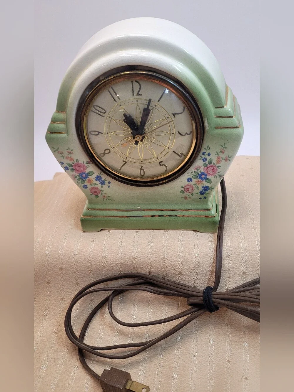 Vintage Royal Oxford China Electric Clock Art Deco Floral 22K Gold - Motor Hums